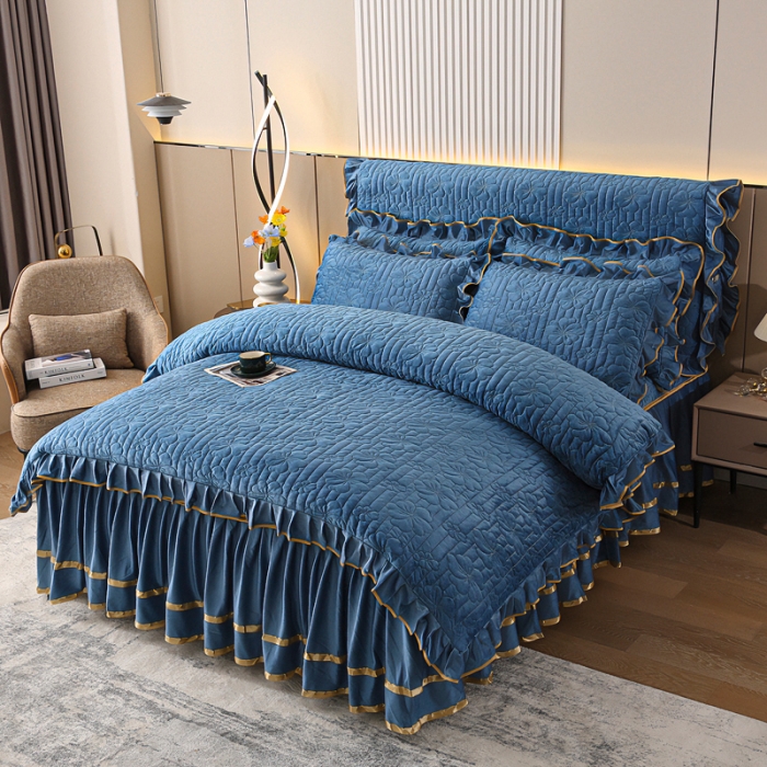 91家纺网 家纺一手货源 找家纺 新款水晶绒加厚保暖床裙款四件套-盛世花颜-蔚蓝