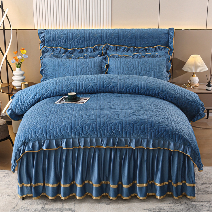 91家纺网 家纺一手货源 找家纺 新款水晶绒加厚保暖床裙款四件套-盛世花颜-蔚蓝