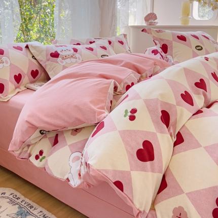 91家纺网 家纺一手货源 找家纺 伊而梦 2023新款小清新全棉磨毛印花四件套系列单品被套 爱心小熊