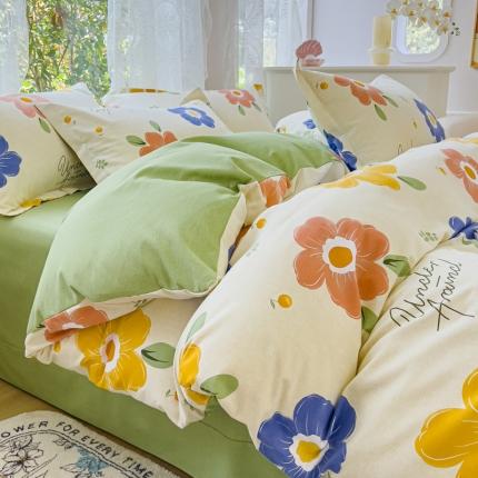 91家纺网 家纺一手货源 找家纺 伊而梦 2023新款小清新全棉磨毛印花四件套系列单品被套 春色