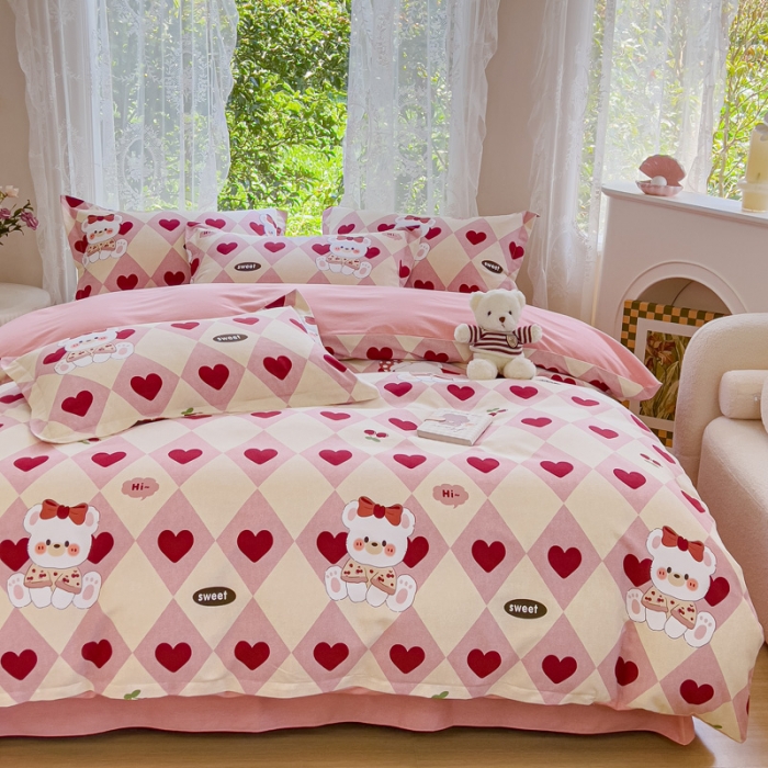 91家纺网 家纺一手货源 找家纺 伊而梦 2023新款小清新全棉磨毛印花四件套系列单品被套 爱心小熊