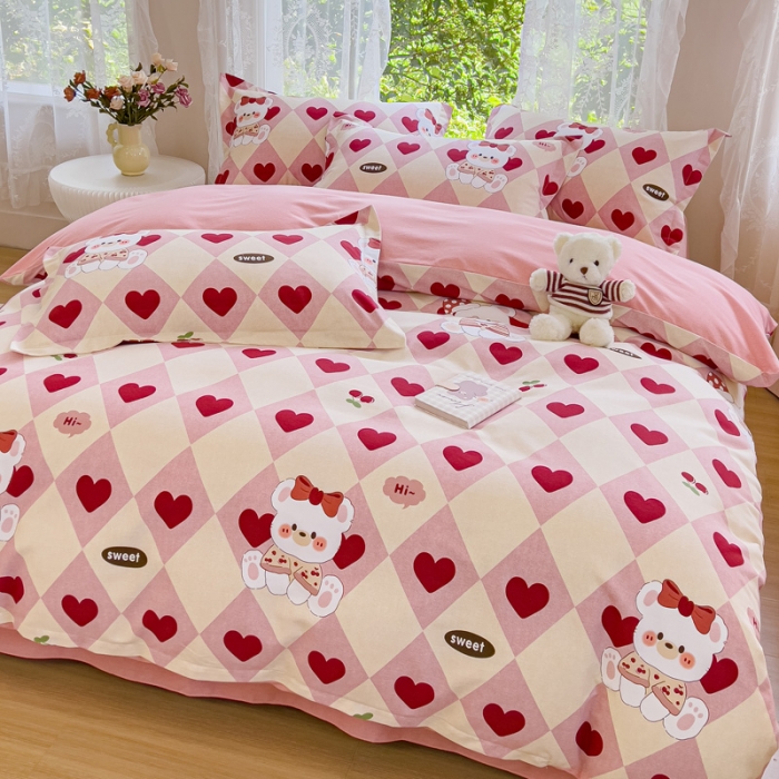 91家纺网 家纺一手货源 找家纺 伊而梦 2023新款小清新全棉磨毛印花四件套系列单品被套 爱心小熊