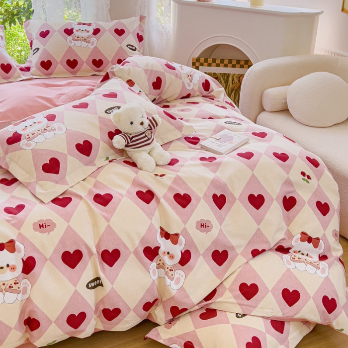 91家纺网 家纺一手货源 找家纺 伊而梦 2023新款小清新全棉磨毛印花四件套系列单品被套 爱心小熊