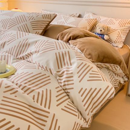 91家纺网 家纺一手货源 找家纺 2023新款A版面料+B版高克重牛奶绒四件套棉加绒-简格卡琪