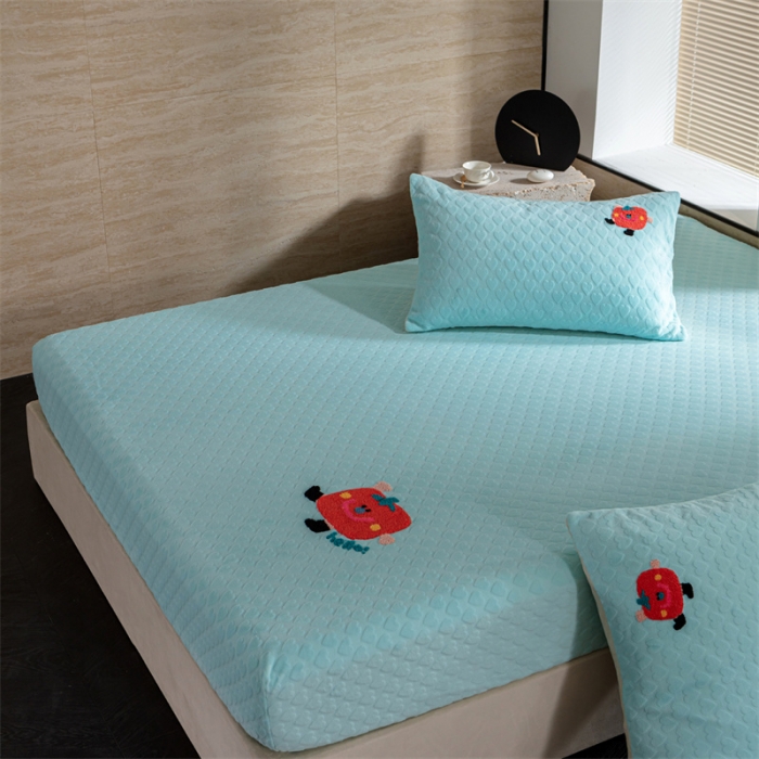 91家纺网 家纺一手货源 找家纺 洋铭区（原狠狠爱）2023新款华夫格单品绒床笠甜心蓝