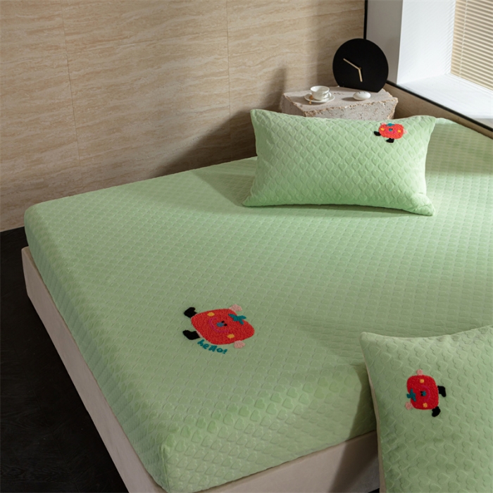 91家纺网 家纺一手货源 找家纺 洋铭区（原狠狠爱）2023新款华夫格单品绒床笠甜心绿