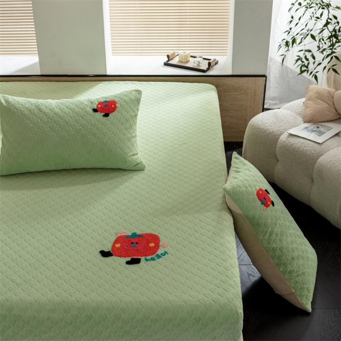 91家纺网 家纺一手货源 找家纺 洋铭区（原狠狠爱）2023新款华夫格单品绒床笠甜心绿