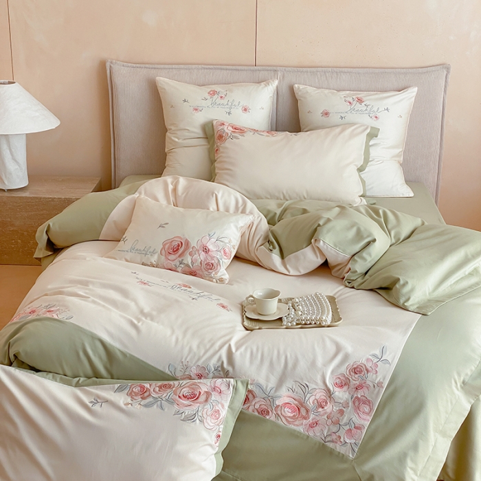 91家纺网 家纺一手货源 找家纺 MIU缪家居 2023新款100支全棉磨毛系列四件套-满园 豆绿