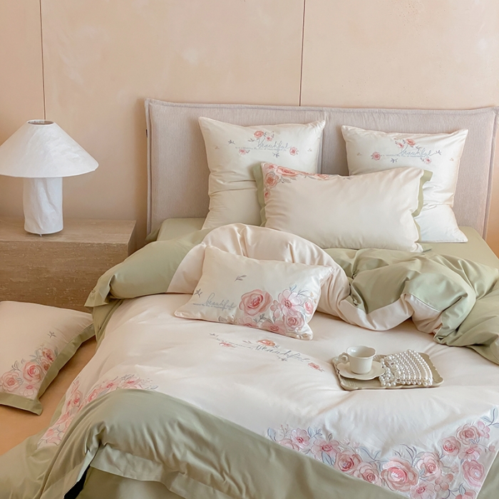 91家纺网 家纺一手货源 找家纺 MIU缪家居 2023新款100支全棉磨毛系列四件套-满园 豆绿