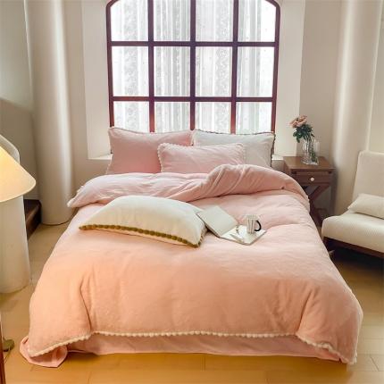 91家纺网 家纺一手货源 找家纺 （总）名品优仓 2023新款兔绒边带球球款纯色系列四件套-兔绒球球