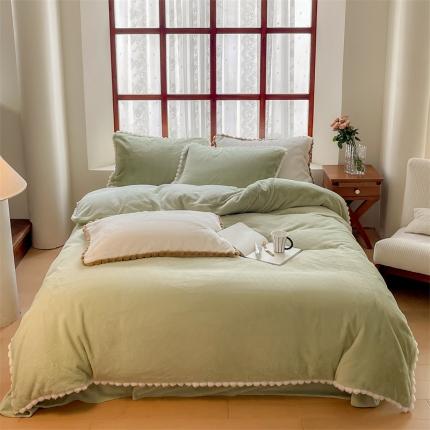 91家纺网 家纺一手货源 找家纺 （总）名品优仓 2023新款兔绒边带球球款纯色系列四件套-兔绒球球