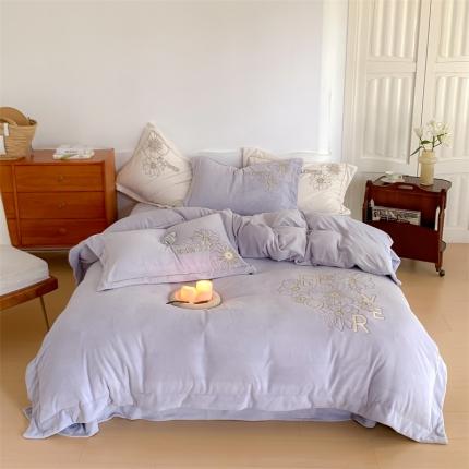 名品优仓 2023新款高克重230克牛奶绒绣花款四件套-伊莲娜 伊莲娜-风铃紫