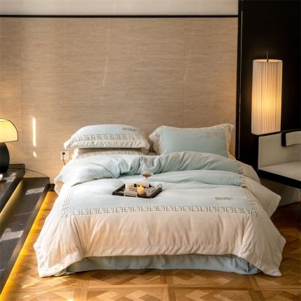 91家纺网 家纺一手货源 找家纺 名品优仓 2023新款高克重230克牛奶绒绣花款四件套-玛丽 玛丽-梵星蓝