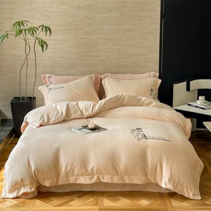 91家纺网 家纺一手货源 找家纺 名品优仓 2023新款高克重230克牛奶绒绣花款四件套-保加利亚 保加利亚-布丁黄