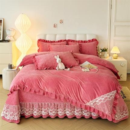 91家纺网 家纺一手货源 找家纺 （总）恒爱 2023新款A类婴儿绒立体蕾丝夹棉加高花边床盖四件套-甜心