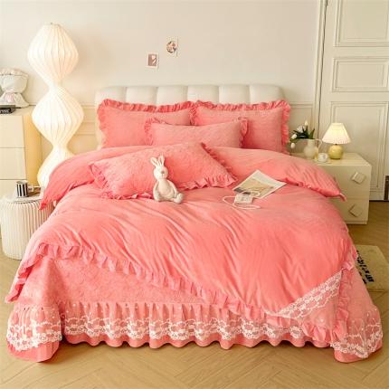 91家纺网 家纺一手货源 找家纺 （总）恒爱 2023新款A类婴儿绒立体蕾丝夹棉加高花边床盖四件套-甜心