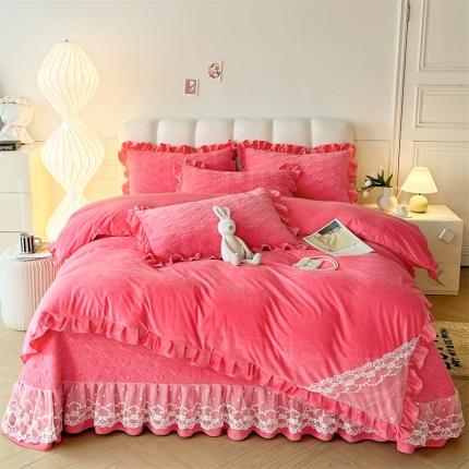 91家纺网 家纺一手货源 找家纺 （总）恒爱 2023新款A类婴儿绒立体蕾丝夹棉加高花边床盖四件套-甜心