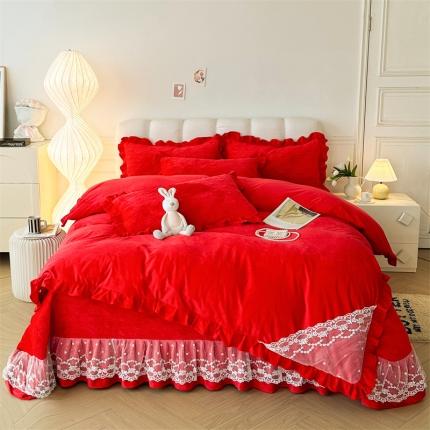 91家纺网 家纺一手货源 找家纺 （总）恒爱 2023新款A类婴儿绒立体蕾丝夹棉加高花边床盖四件套-甜心