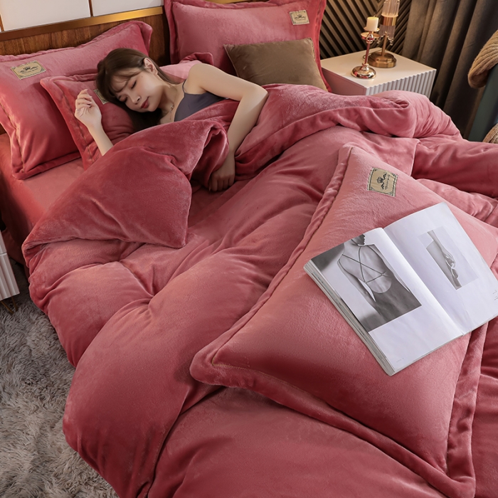 91家纺网 家纺一手货源 找家纺 畅畅 2023新款加厚260克全消光牛奶棉印花臻棉绒四件套 皮红