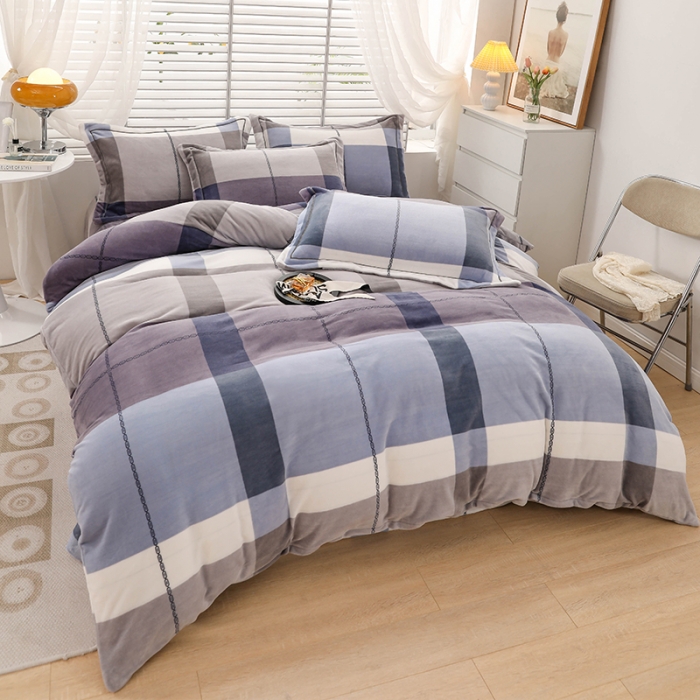 91家纺网 家纺一手货源 找家纺 畅畅 2023新款加厚260克全消光牛奶棉印花臻棉绒四件套 小时光-兰灰