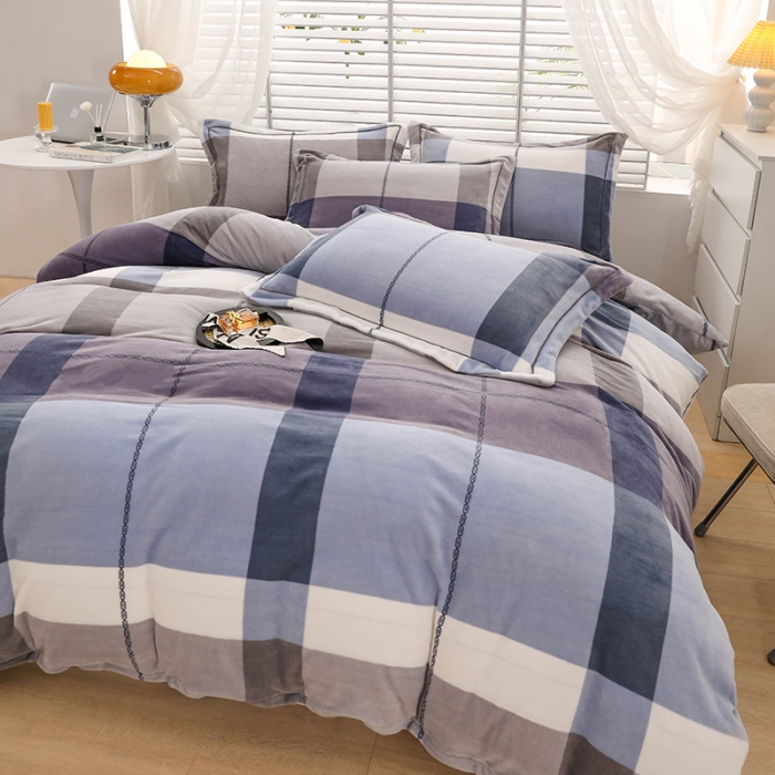 91家纺网 家纺一手货源 找家纺 畅畅 2023新款加厚260克全消光牛奶棉印花臻棉绒四件套 小时光-兰灰