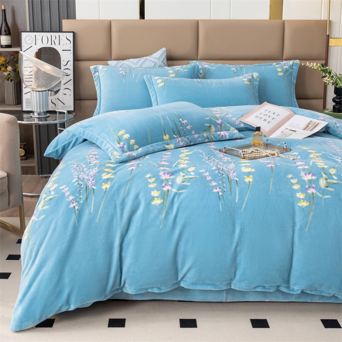 91家纺网 家纺一手货源 找家纺 畅畅 2023新款加厚260克全消光牛奶棉印花臻棉绒四件套 薰衣草兰