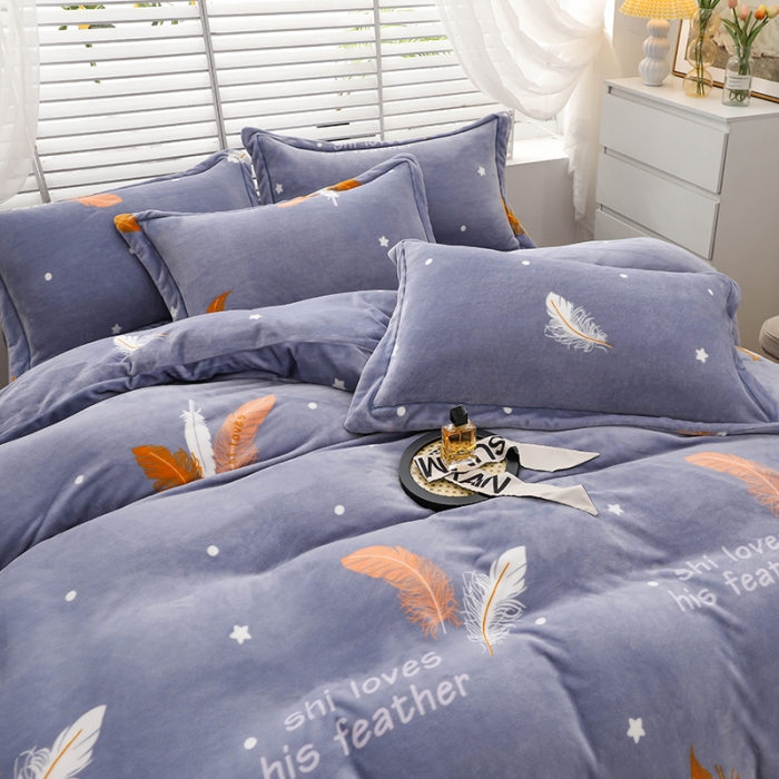 91家纺网 家纺一手货源 找家纺 畅畅 2023新款加厚260克全消光牛奶棉印花臻棉绒四件套 羽叶