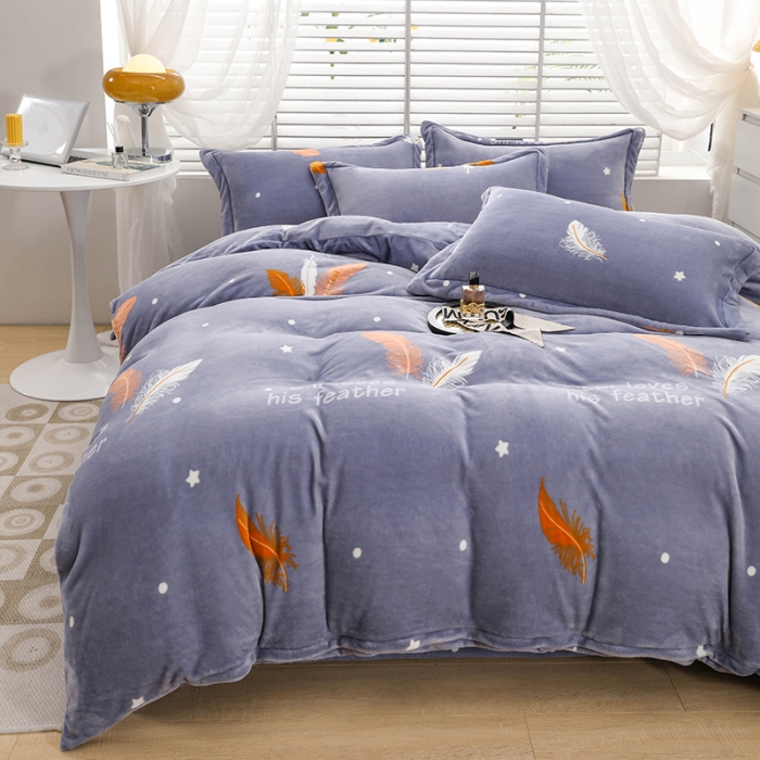 91家纺网 家纺一手货源 找家纺 畅畅 2023新款加厚260克全消光牛奶棉印花臻棉绒四件套 羽叶