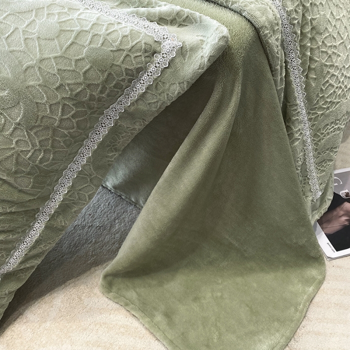 91家纺网 家纺一手货源 找家纺 优悦 2025新款高克重雕花牛奶绒四件套-西西里 西西里-苹果绿