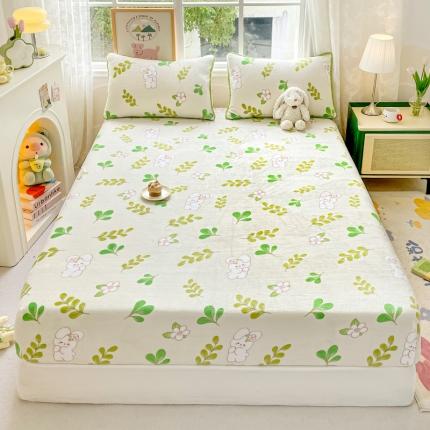 91家纺网 家纺一手货源 找家纺 安哆啦家纺 2024新款高克重牛奶绒印花单床笠 绿叶兔兔