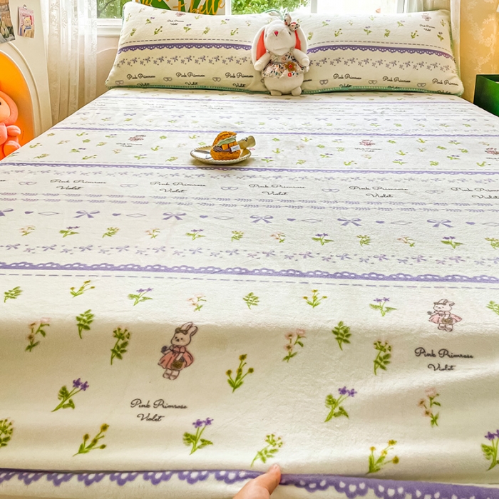 91家纺网 家纺一手货源 找家纺 安哆啦家纺 2024新款高克重牛奶绒印花单床笠 蕾丝兔