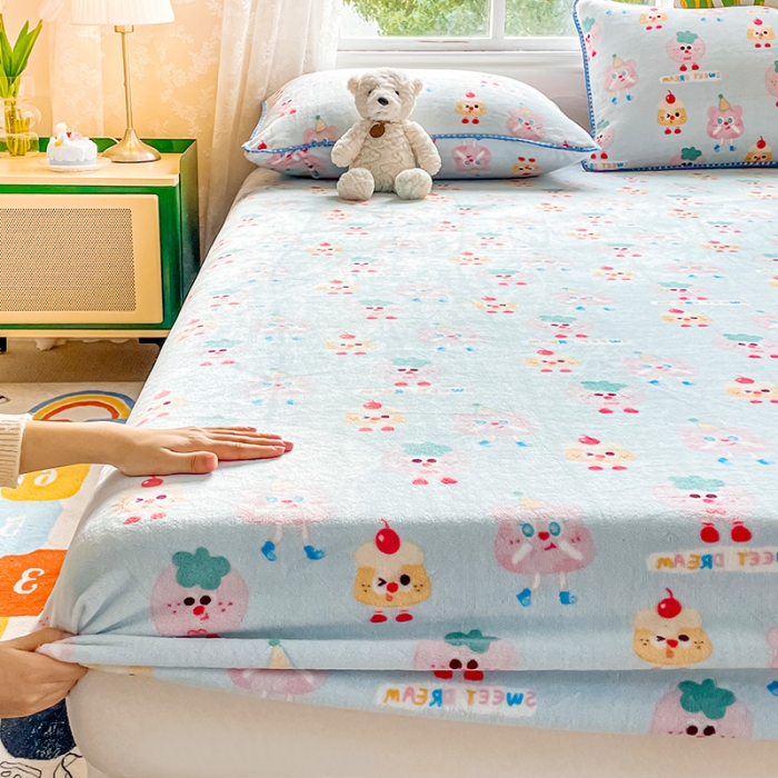 91家纺网 家纺一手货源 找家纺 安哆啦家纺 2024新款高克重牛奶绒印花单床笠 奶酪芝士