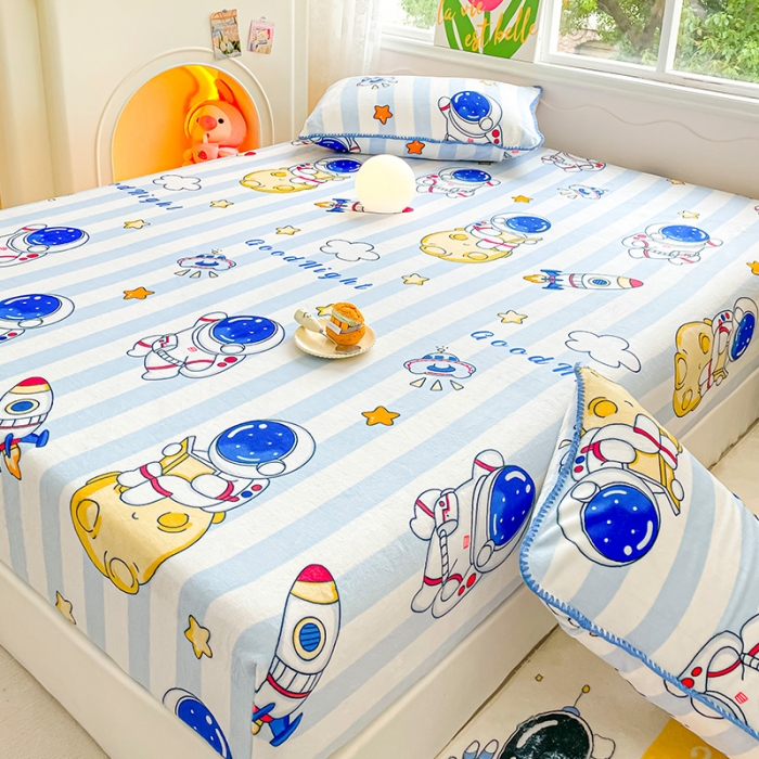 91家纺网 家纺一手货源 找家纺 安哆啦家纺 2024新款高克重牛奶绒印花单床笠 太空人