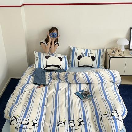 91家纺网 家纺一手货源 找家纺 昔可 2023新款大版印花枕套牛奶绒系列四件套-模特图 竖条熊猫