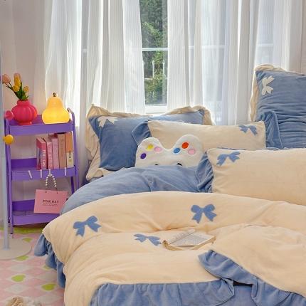 91家纺网 家纺一手货源 找家纺 2023新款牛奶绒花边毛巾绣四件套 蝴蝶结-白+蓝