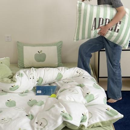 昔可 2023新款大版印花枕套牛奶绒系列四件套-模特图 青苹果