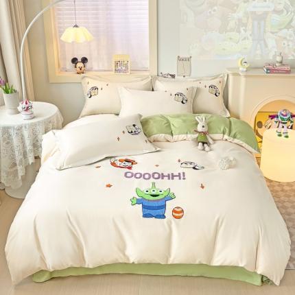 娜娜 2023新款水洗磨毛毛巾绣四件套 胡迪和巴斯奶昔白+绿