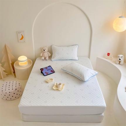 漫调 2023新款全棉绗缝床笠格子小熊刺绣 床笠晴空蓝