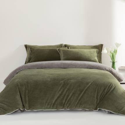 91家纺网 家纺一手货源 找家纺 万盛家纺 2025新款德芙绒牛奶绒法莱双拼四件套 橄榄绿-咖灰