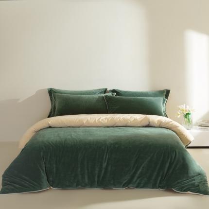 91家纺网 家纺一手货源 找家纺 万盛家纺 2025新款德芙绒牛奶绒法莱双拼四件套 荷叶绿-浅米