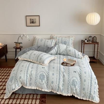 91家纺网 家纺一手货源 找家纺 潘朵拉 2023新款美拉德风牛奶绒花边款四件套 晨晓