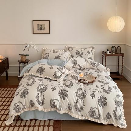 91家纺网 家纺一手货源 找家纺 潘朵拉 2023新款美拉德风牛奶绒花边款四件套 伊人