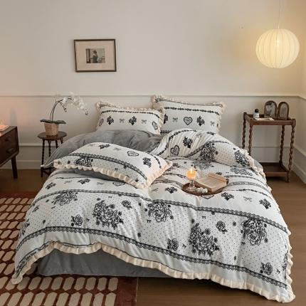 潘朵拉 2023新款美拉德风牛奶绒花边款四件套 东篱