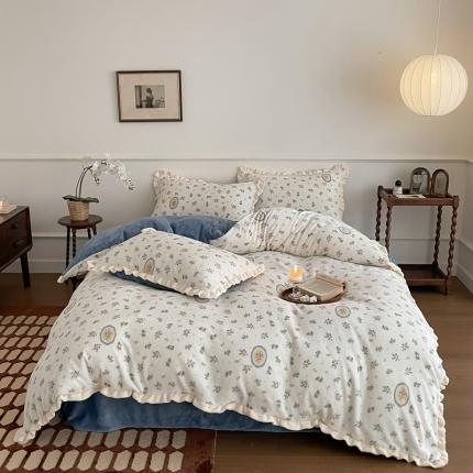 潘朵拉 2023新款美拉德风牛奶绒花边款四件套 扶摇