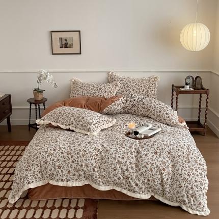 潘朵拉 2023新款美拉德风牛奶绒花边款四件套 欢颜