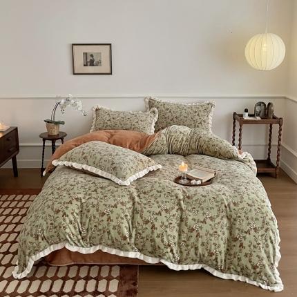 潘朵拉 2023新款美拉德风牛奶绒花边款四件套 流年