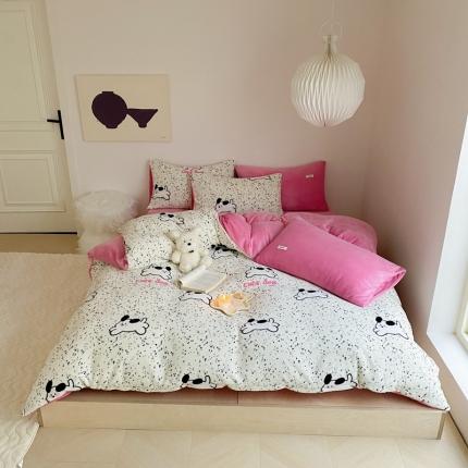 91家纺网 家纺一手货源 找家纺 时光里 2023新款230g半消光印花牛奶绒四件套 卡通款-点点狗