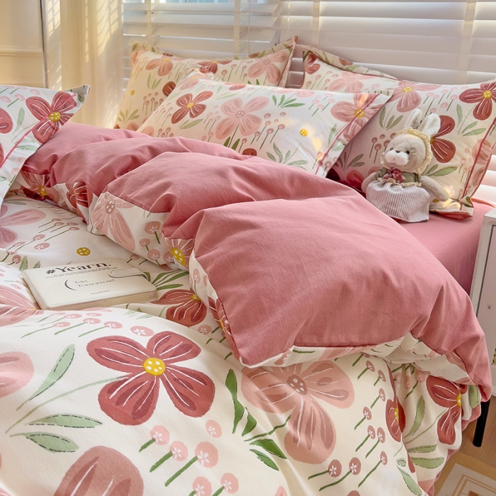 91家纺网 家纺一手货源 找家纺 暖芯优选 2025新款小清新印花全棉磨毛四件套 爱意花间