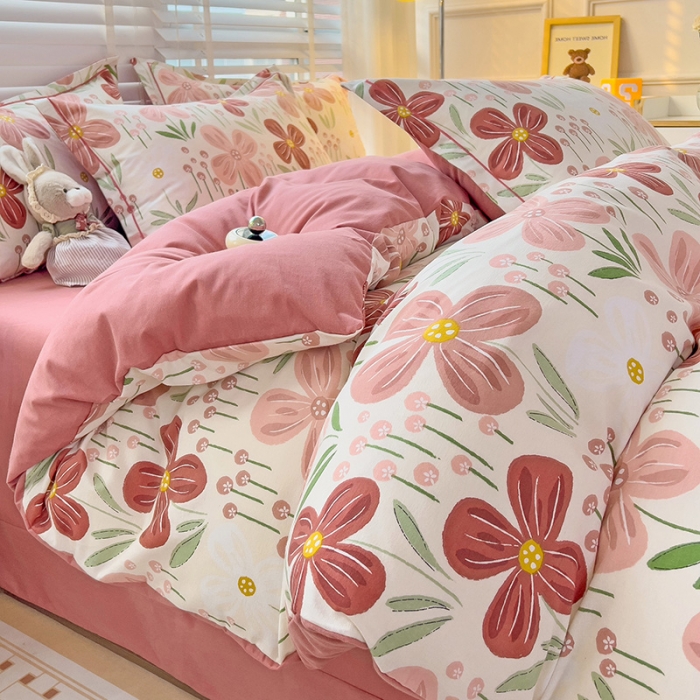 91家纺网 家纺一手货源 找家纺 暖芯优选 2025新款小清新印花全棉磨毛四件套 爱意花间