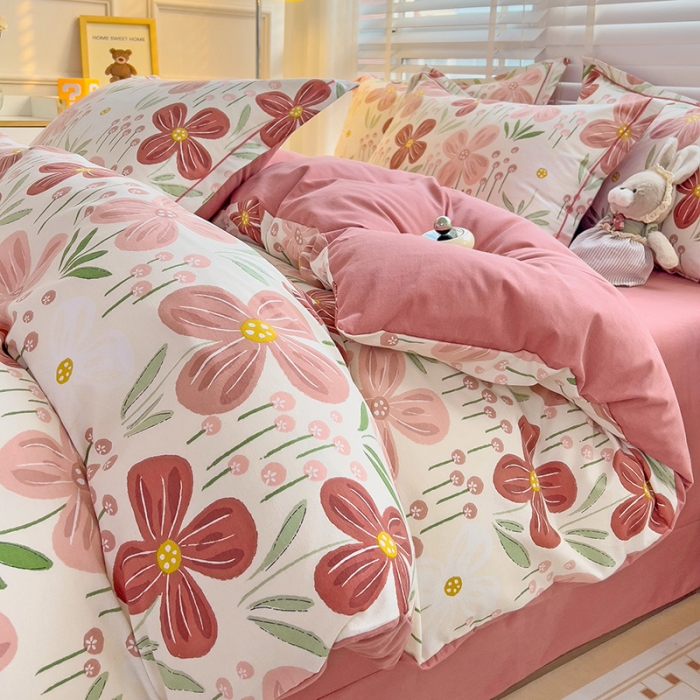 91家纺网 家纺一手货源 找家纺 暖芯优选 2025新款小清新印花全棉磨毛四件套 爱意花间